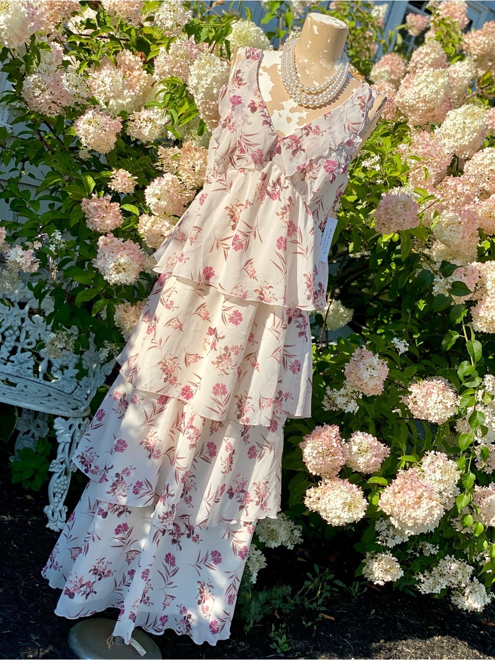 Tiered V-Neck Maxi Dress in Pink Floral on White